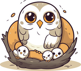 Obraz premium Owl family in the nest. Cute cartoon vector illustration.