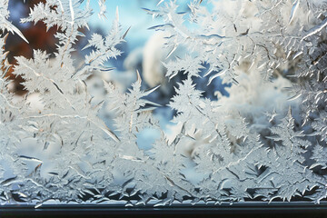 A close up of a window with water drops, frost and snow figures on an icy window in winter.