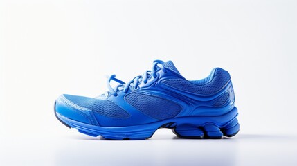 An ultra HD image featuring a sleek pair of blue running sneakers, perfectly isolated against a clean white backdrop