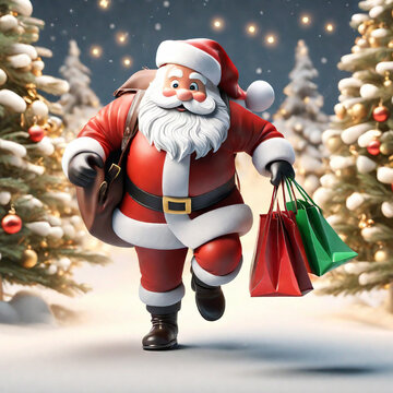 3d render of Santa Claus with shopping bags and christmas tree