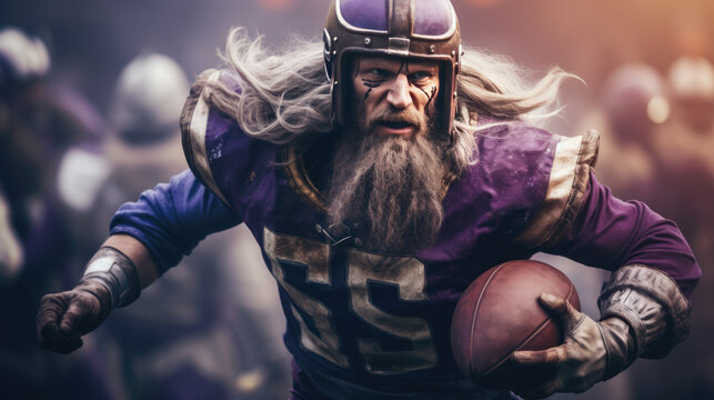 Viking warrior in costume playing American football, intense action shot, fantasy sports concept