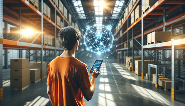 A worker in a warehouse uses a tablet in front of which a global network is visualized, symbolizing logistics and world trade.