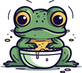 Obraz premium Cute cartoon frog with a bowl of water. Vector illustration.
