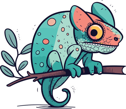 recommend clip art: Cute cartoon chameleon on a branch. Vector illustration.