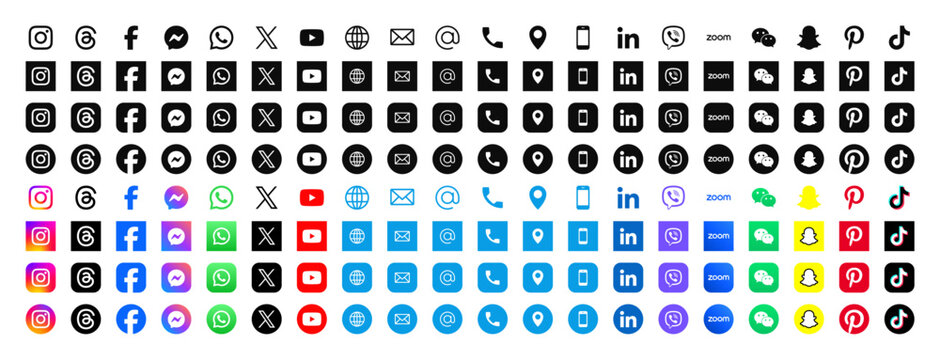 Facebook, threads, x, instagram, youtube, pinterest, whatsapp, snapchat, linkedin, tiktok- Collection of popular social media logo. Social media icons. Web contact icon set. Vector editorial