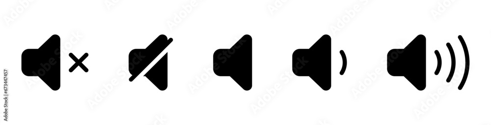 Poster speaker, sound, volume icon set , low and hight level volume speaker icon. voice, audio, silent, mute icons in flat style for media player app and website
