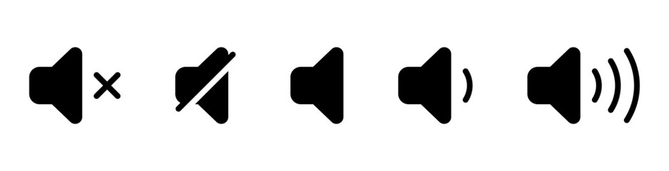 speaker, sound, volume icon set , low and hight level volume speaker icon. voice, audio, silent, mute icons in flat style for media player app and website