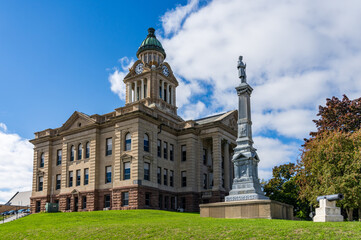 Corner of the Winneshiek County Courthouse and clock tower in Decorah, Iowa