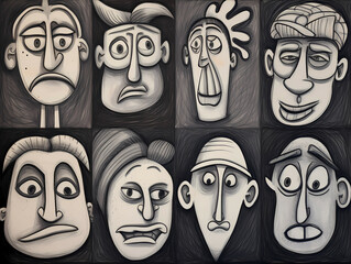 9 cartoon character faces in hand-drawn style
