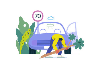 Mutual Support: Clearing an obstacle from the way -modern flat vector concept illustration of a man removing a fallen branch from the road A metaphor of voluntary, collaborative exchanges of services