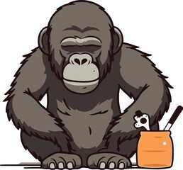 Vector illustration of a gorilla with a pot of honey and a spoon.