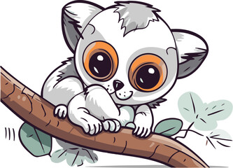 Cute little lemur on a tree branch. Vector illustration.