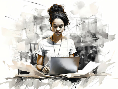 Black business woman working in modern comfortable office in hand-drawn style