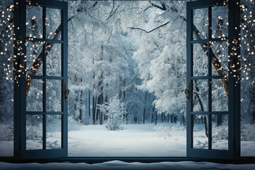 An open window with a view of a snowy forest at Christmas.