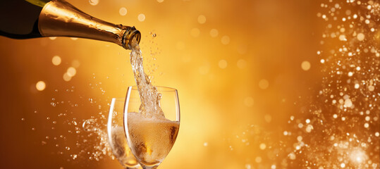 Pouring champagne from bottle in to glasses with splash on golden background