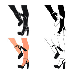 Silhouette outline of female legs in a pose. Shoes stilettos, high heels. Walking, standing, running, jumping, dance