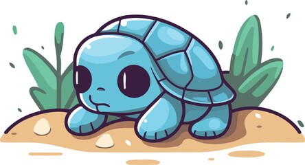 Cute cartoon turtle on the sand. Vector illustration isolated on white background.