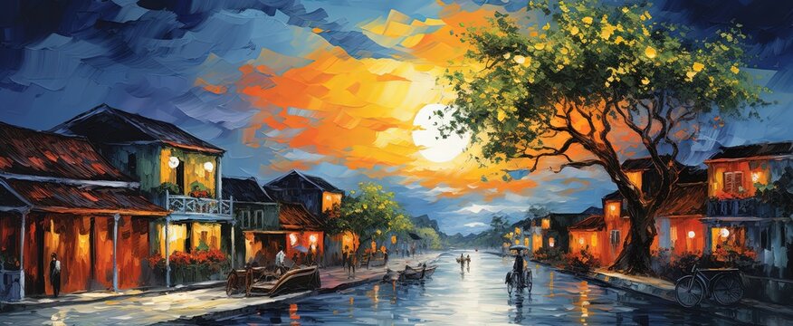painting style illustration of Vietnam old town, beautiful full moon night shine over riverside town, Generative Ai