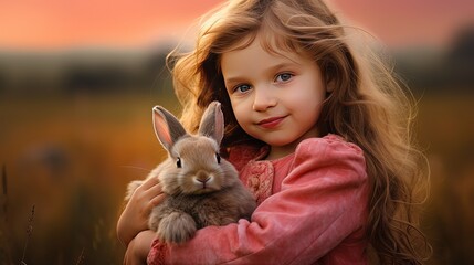 cute girl with rabbit in sunset twilight grass meadow, Generative Ai