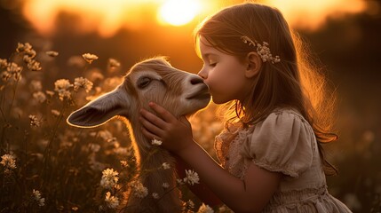 cute girl with lamb in sunset twilight grass meadow, Generative Ai