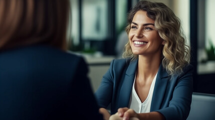 Happy middle-aged business woman, manager, office meeting. Smiling female HR hiring recruit at job interview, bank or insurance agent, lawyer making contract deal with client at work. Female therapist