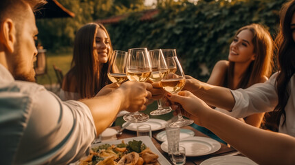 Happy friends having fun outdoor. Group of friends having backyard dinner party together. Young people sitting at bar table toasting wine glasses in vineyards garden.