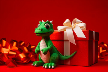 Naklejka premium A green dragon with red gift on red background. New Year's card