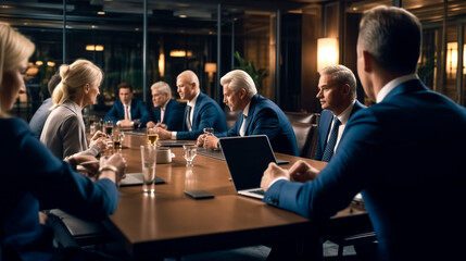 Team of Politicians, Corporate Business Leaders, and Lawyers Sitting at the Negotiations Table in the Conference Room, Trying to Come to an Agreement. - obrazy, fototapety, plakaty