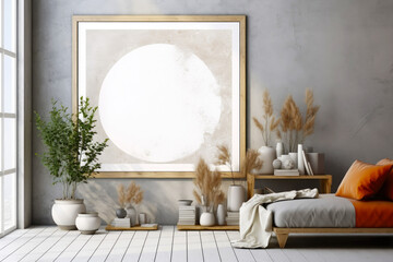 Stylish living room arrangement with designer furniture, mock up poster