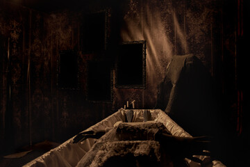 Dark creepy room with a mannequin of the deceased in a coffin, room of horrors