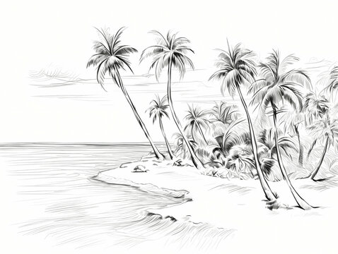 Tropical beach in Dominican Republic in hand-drawn style