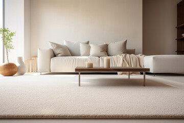 3D model rendering inteior design of modern living room with beige sofa, table and carpet