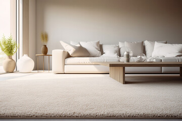 3D model rendering inteior design of modern living room with beige sofa, table and carpet