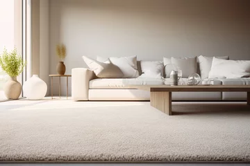 Fotobehang 3D model rendering inteior design of modern living room with beige sofa, table and carpet © Алена Ваторина
