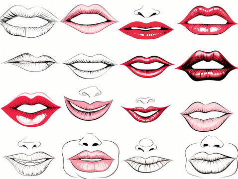 Vector illustration of Lips  eyes set in hand-drawn style