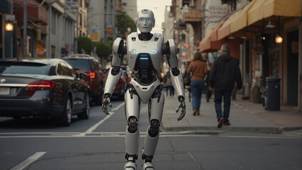 Fototapeta premium The future of technology and artificial intelligence is blossoming with the advent of nano-robots that roam the city streets, blending almost imperceptibly with people