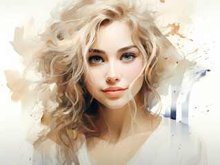 Young blond pretty smiling girl beauty female in hand-drawn style