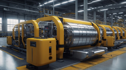 Industrial equipment such as robotic machines and component conveyor belts are used in a large-scale lithium-ion battery manufacturing facility - obrazy, fototapety, plakaty