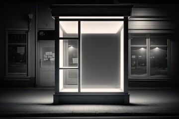 An empty shop window in a dark room