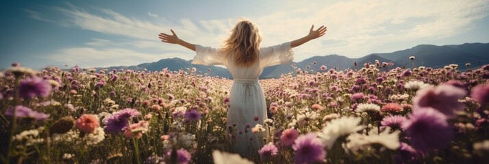 A blonde woman stands in a field of flowers and spreads her arms, rearview, mountains, spring, summer - obrazy, fototapety, plakaty