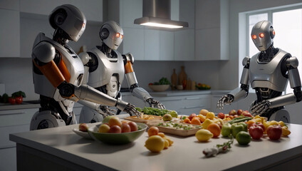 The assistance of smart autonomous robots in preparing food in modern home kitchen has become an integral part of people's lives. Cyborgs, similar to people, live with them thanks to modern technology - obrazy, fototapety, plakaty
