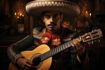 Mexican mariachi with a sombrero playing guitar