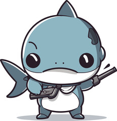 Cute shark holding gun character cartoon vector illustration. Cute cartoon shark.