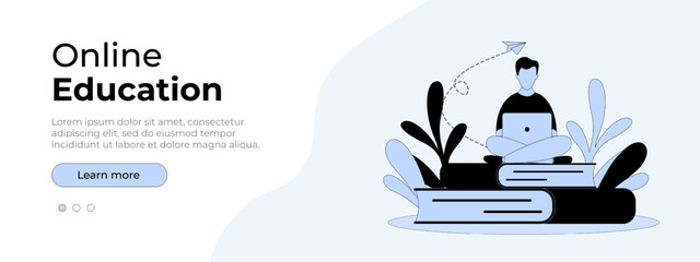 Online education concept. Vector website page layout. Illustrations with a man sitting on books with a laptop. Vector illustration EPS 10