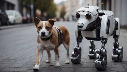 In a world where robots have become closer to people, modern machines have become dog walkers, who can easily walk with furry pets along city streets - obrazy, fototapety, plakaty