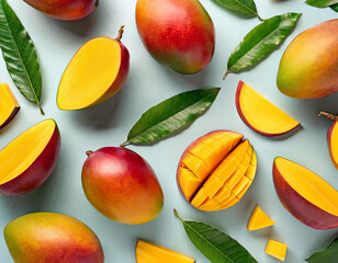 Seamless pattern with mango fruit with pieces. Tropical Mango isolated on the white background. Top...
