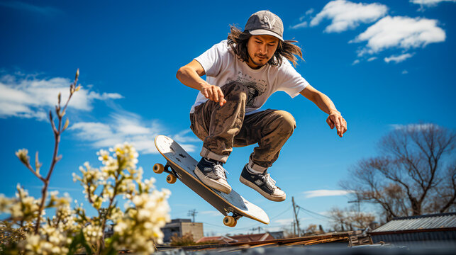 person jumping cheering with a skateboard in the air in front of a blue sky at a sunny day with a crowd ob people in the background
