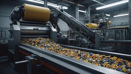An industrial enterprise processes plastic waste. Machines on the conveyor are sent for waste disposal. The process of sorting and recycling waste with dual purpose. Recovering plastic for reuse