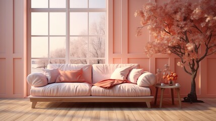 Sofa next to big window a bright living room.UHD wallpaper