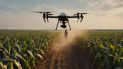Agriculture is undergoing a true digital revolution, and farmers are increasingly using drones to monitor their fields. Technological drones help collect valuable data on soil quality and crop yields - obrazy, fototapety, plakaty